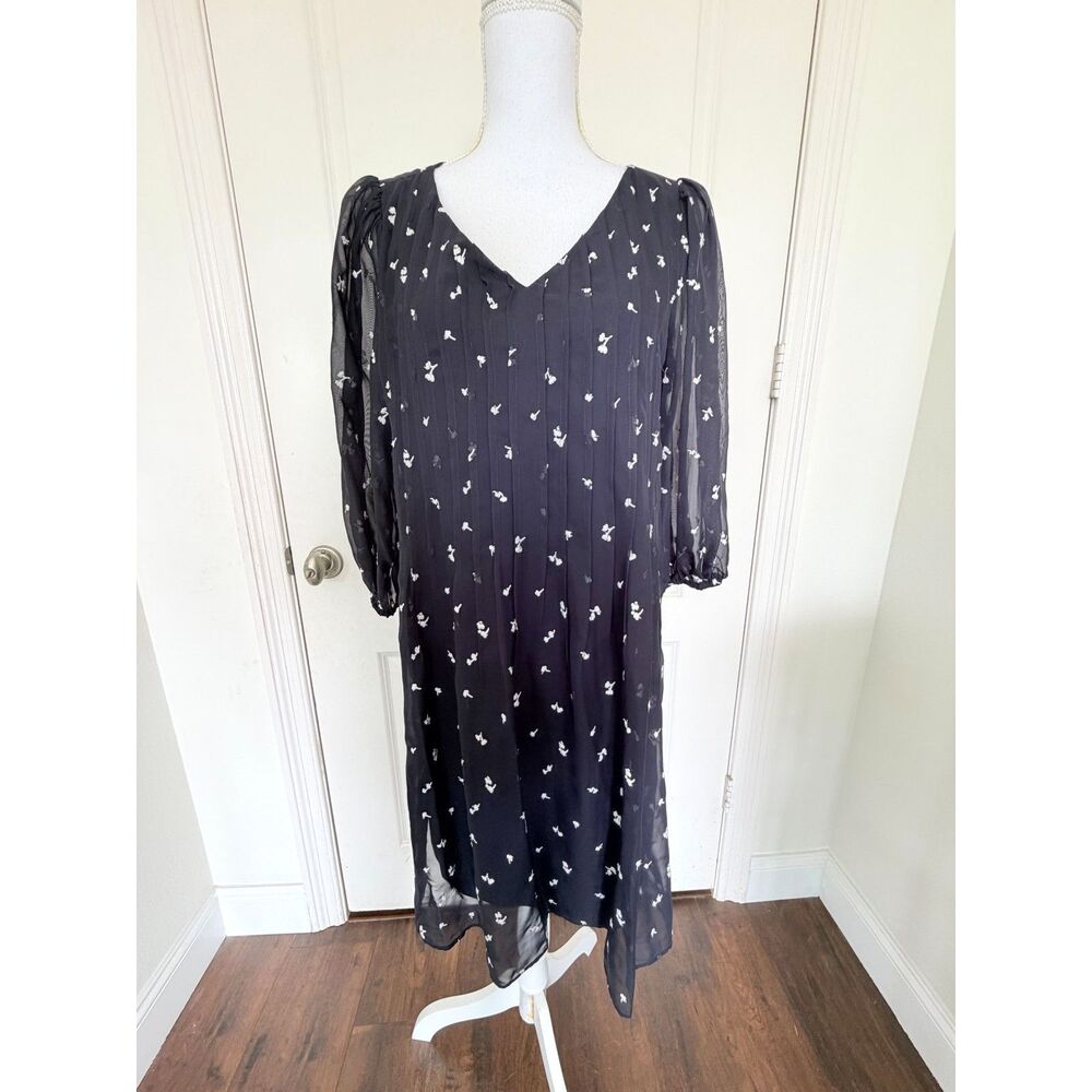 DKNY Black Pleated Chiffon Midi Dress Size 12 NWT Floral Dot Sheer Sleeve Long